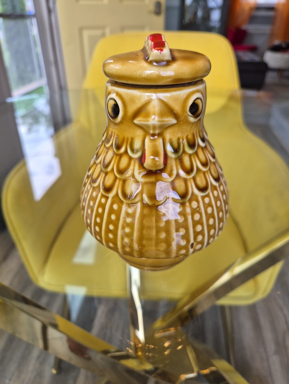 Vintage Mid Century Chicken W Glossy Brown Drip Glaze Container Japan